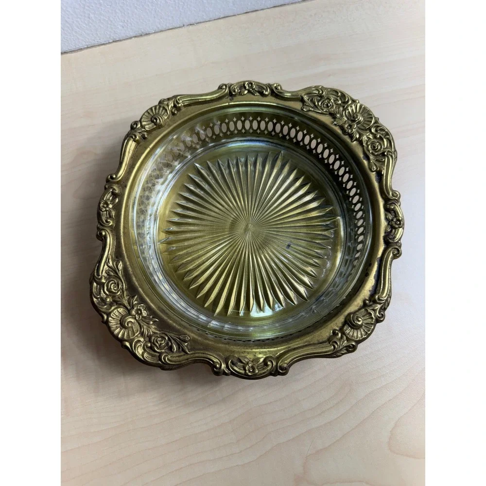 Vintage Brass Gallery Tray Ornate Floral‎ Rim Starburst Cut Glass Insert